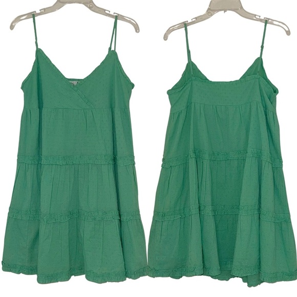 Sadie and Sage Green Swiss Dot Sleeveless Tiered Boho Beachy Dainty Mini Dress - Picture 2 of 14